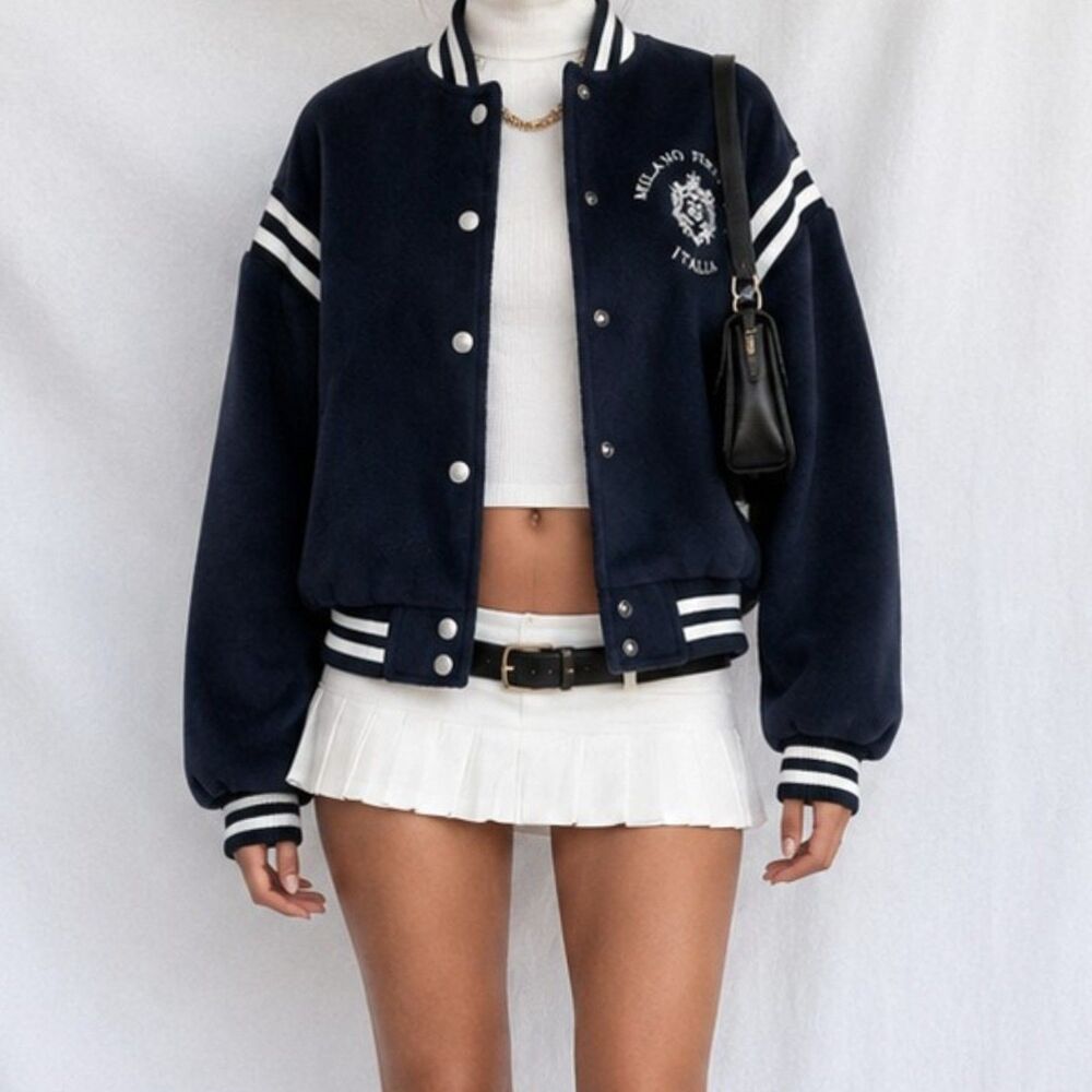H&M Navy Blue White Oversized Varsity Bomber Jacket Size S/M